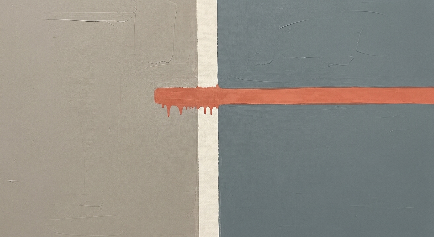 모던 미니멀 유화 작품. 캔버스를 수직으로 나누는 두 개의 색면 - 왼쪽은 따뜻한 그레이-베이지, 오른쪽은 차가운 블루-그레이 - 이 좁은 원목 캔버스 띠로 분리되어 있다. 두 색면을 가로지르는 단일한 수평 붓질이 은은한 코랄 톤으로 경계를 넘나들며, 그 접점에서 미세하게 번진다. 전체 구성의 80%는 두 개의 단순한 색 블록이고, 20%는 경계의 전환 공간이다. 구상적 형태는 전혀 없으며, 두꺼운 매트한 물감 표면에 미묘한 질감 변화만이 존재한다. 색면 회화와 한국 단색화 철학이 만나는 극도로 절제된 추상 작품.