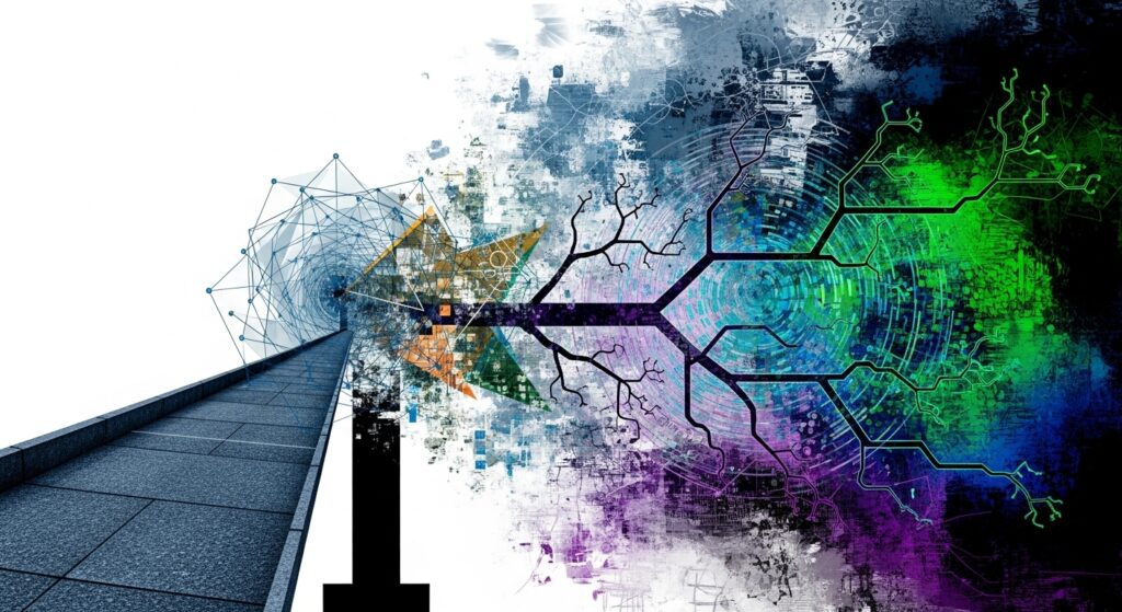 웅장하고 확고한 길(전통적인 대학 진로)이 갑자기 끝나거나 디지털 정보와 가지처럼 뻗어나가는 정의되지 않은 길들의 소용돌이로 녹아드는 시각적 은유를 중심으로 한 추상적인 혼합 매체 작품. AI 알고리즘을 나타내는 기하학적 형태가 유기적이고 바래가는 질감 위에 미묘하게 겹쳐짐. 색 구성표는 깊고 학문적인 파란색과 회색이 생생하고 예측 불가능한 전기 녹색과 보라색과 선명하게 대비. 구성은 공허함과 밀도 있고 복잡한 영역 사이의 균형을 이루며 불확실성과 새로운 가능성을 시사. 대담하면서도 세련된 예술가의 표식이 작품을 고정하며 사회적 가치의 심오한 변화를 의미