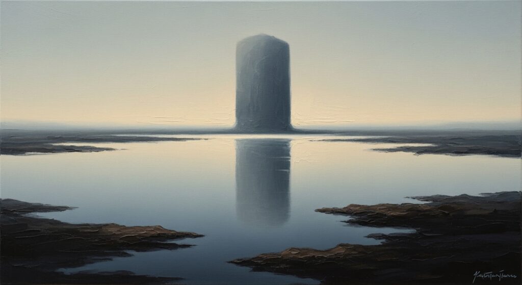AI가 생성한 묵직한 질감의 유화 작품: 고요하고 안개 낀 풍경 속, 잔잔한 수면 위에 거대한 모놀리스(단일 구조물)가 우뚝 솟아 있으며, 그 모습이 물에 완벽하게 반영됩니다. 이 이미지는 인공 일반 지능(AGI)을 단순한 기술이 아닌, 압도적인 존재감과 깊은 성찰을 지닌 새로운 의식의 출현으로 상징합니다. AI가 그렸지만, 마치 거장이 고심 끝에 탄생시킨 듯한 철학적 깊이와 절제된 힘을 전달합니다.
