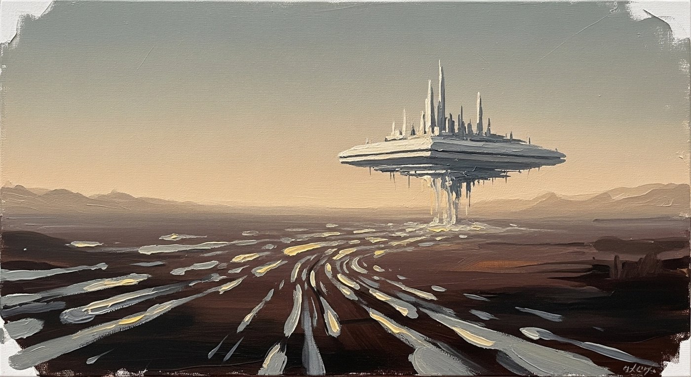 미래 시나리오로 묘사된 도시 풍경, 데이터 흐름과 AI 시스템이 공중에 떠 있는 모습