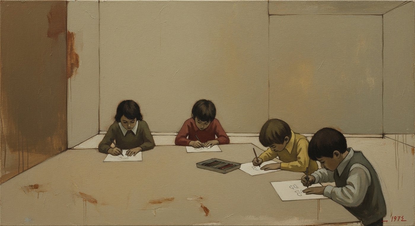 70년대 아이와 상상력이 가득한 공간, 손으로 그린 로봇 그림