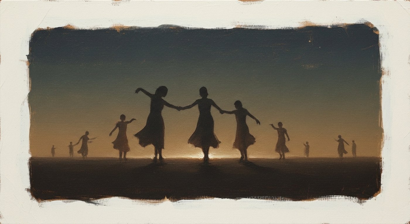 밤하늘과 도시 조명이 어우러진 춤추는 인물, 감정적인 분위기